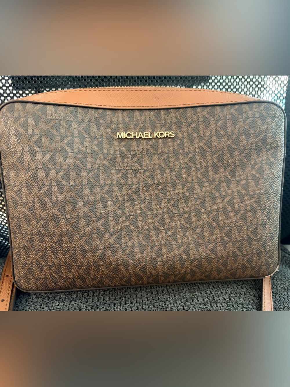 Michael Kors Brown Monogram Messenger Bag with Tan Trim